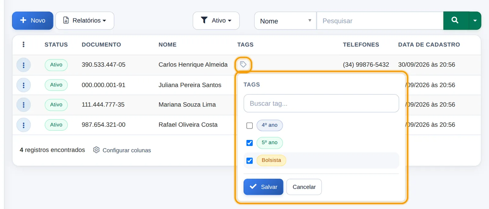 Janela de tags aberta na lista de clientes